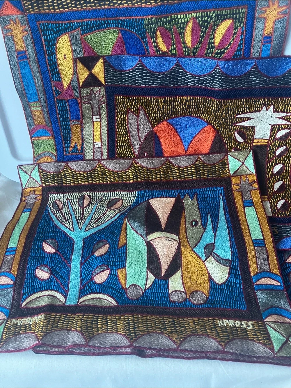 NEW 4 Kaross Safari Animals Embroidered Placemats Tapestry South Africa Art.